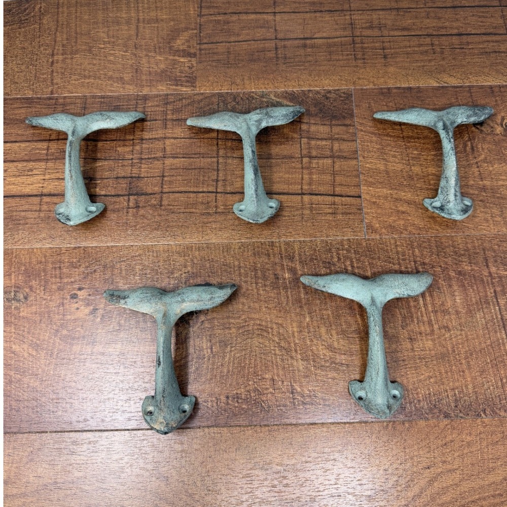 Set of 5 Cast Iron Whale Tail Wall Hooks Verdigris Coastal Green Nautical